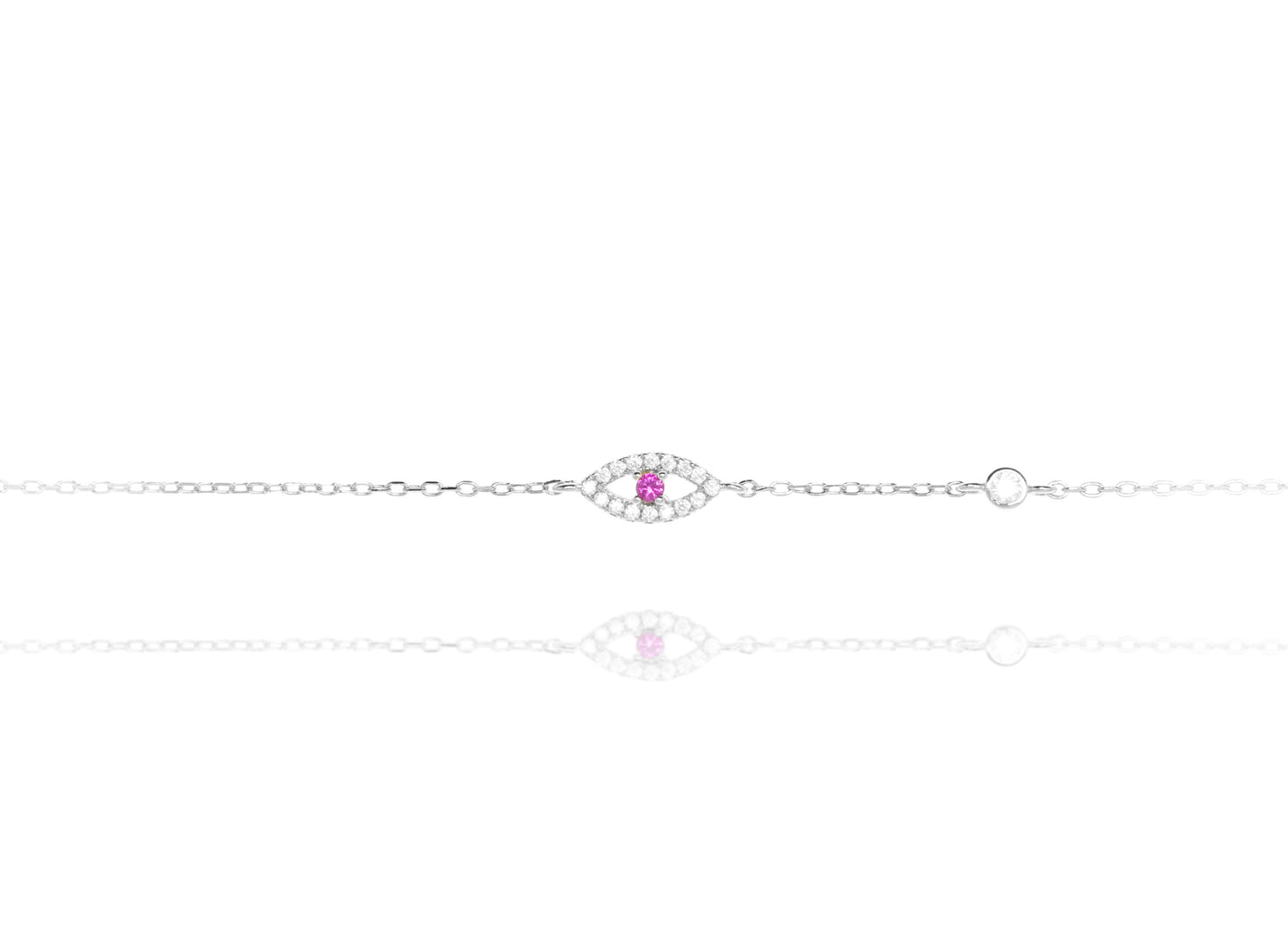 Silver Chain Bracelet With One Evil Eye With Red Stone and CZ