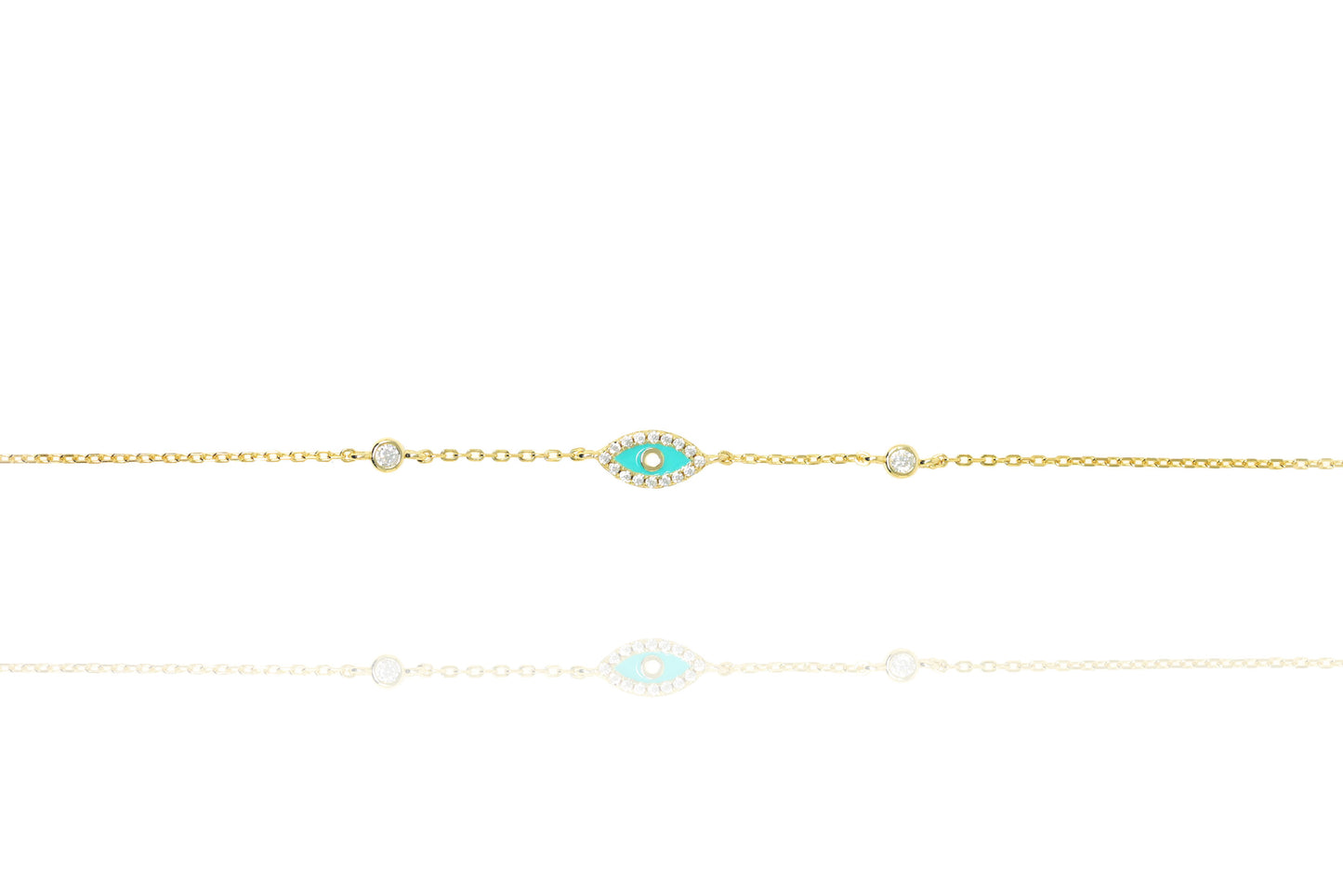 Gold Chain Turquoise Enamel Evil Eye Bracelet With White Centre Rimmed With Cubic Zirconia