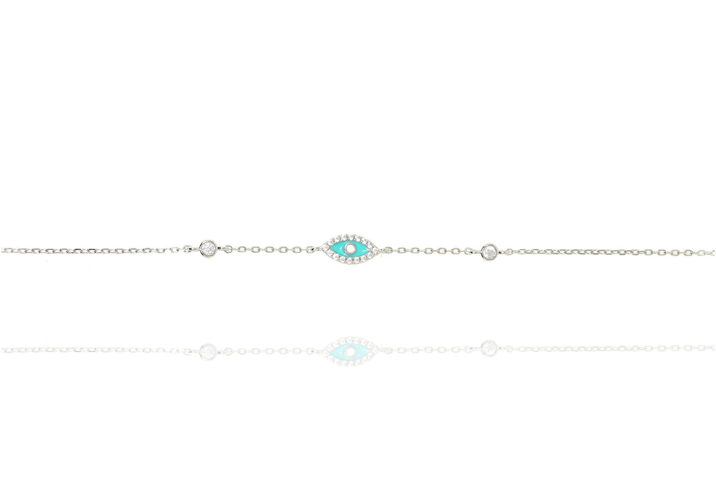 Silver Chain Turquoise Enamel Evil Eye Bracelet With White Centre Rimmed With Cubic Zirconia