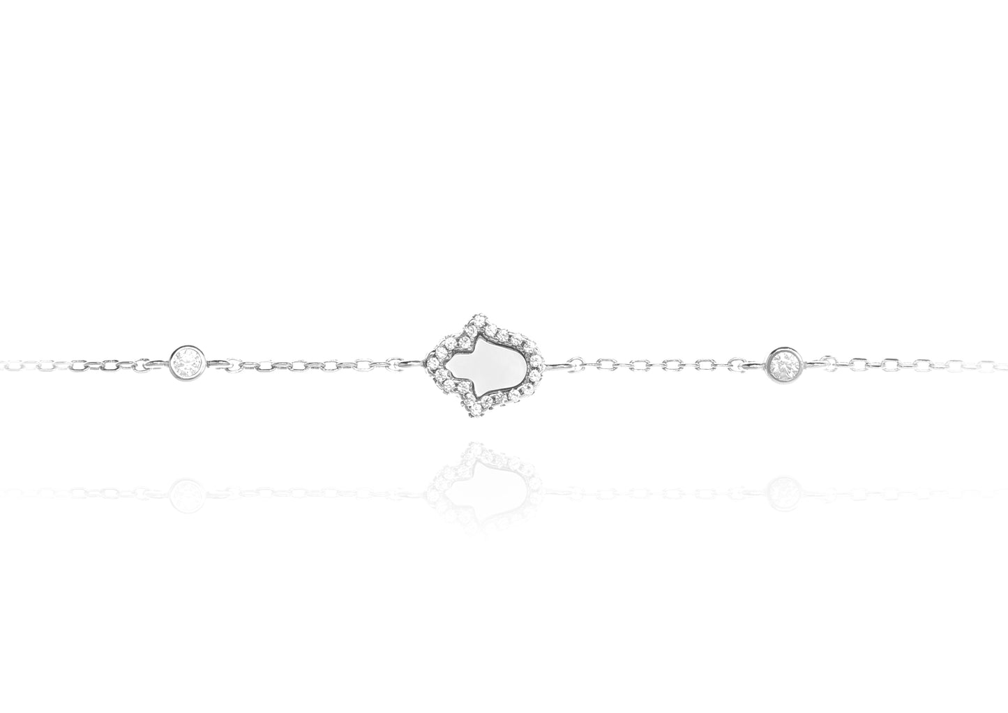 Mother of Pearl Hamsa Silver Bracelet Rimmed in CZ