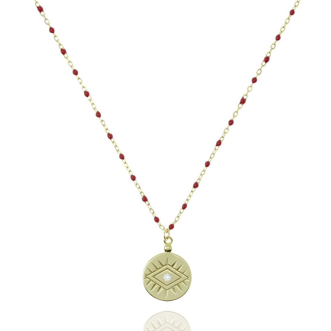 Red Bead and Gold Chain Medium Length Necklace With Coin Pendant