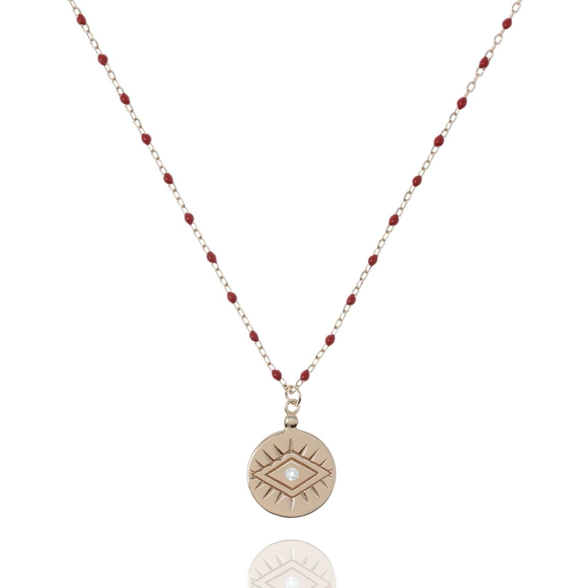 Red Bead and Rose Gold Chain Medium Length Necklace With Coin Pendant