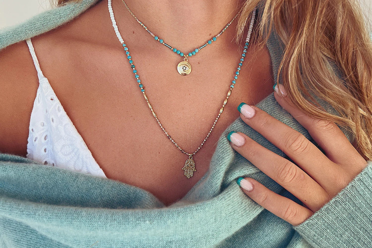 Lieu Turquoise Healing Hand Silver Necklace