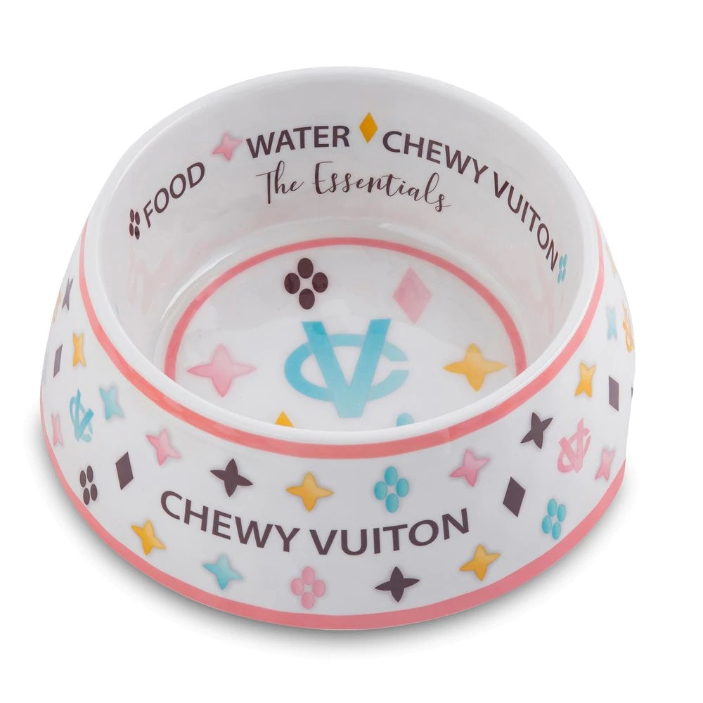 White Chewy Vuiton Dog Bowl