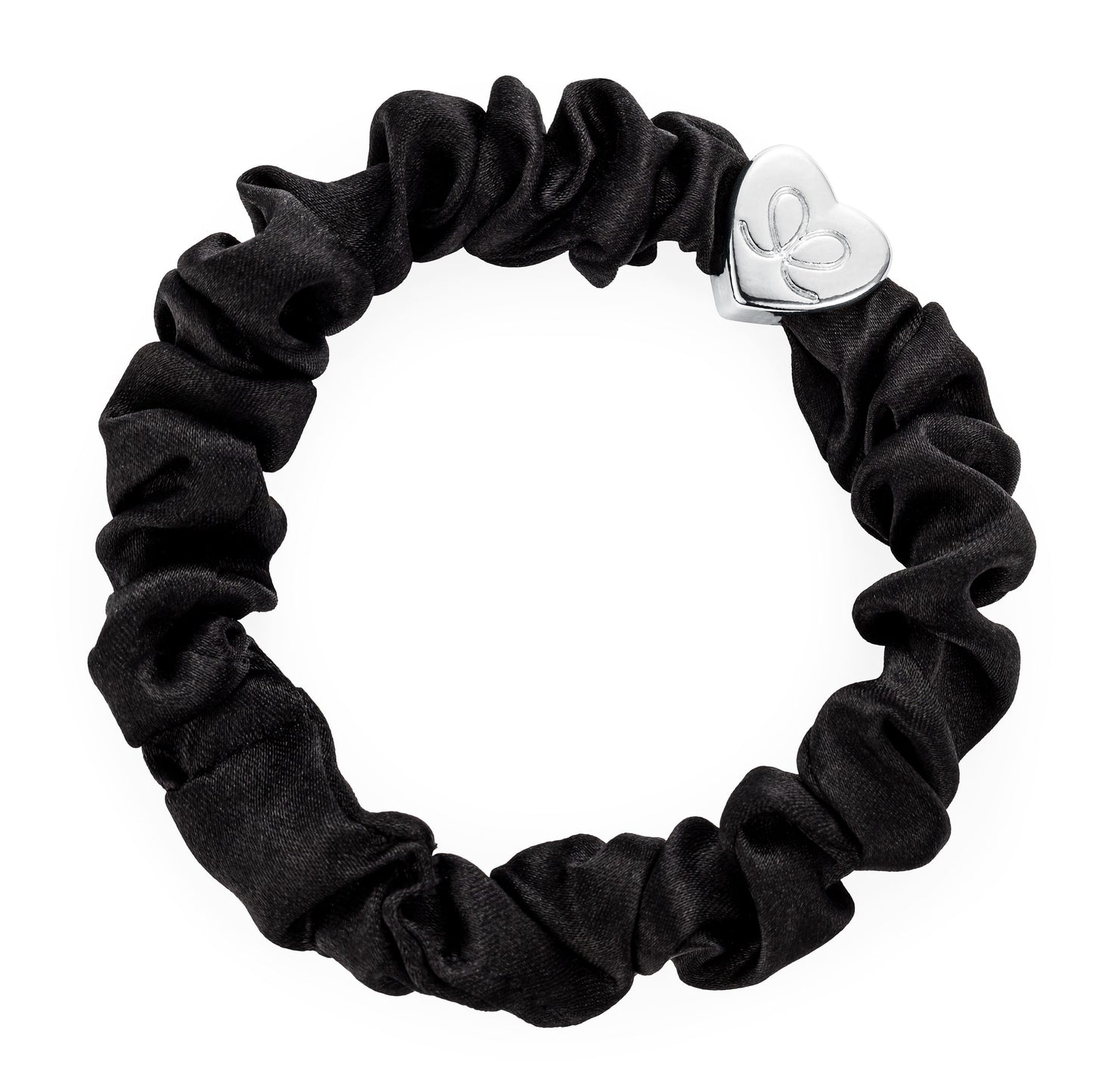 Silver Heart Black Silk Scrunchie