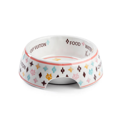 White Chewy Vuiton Dog Bowl