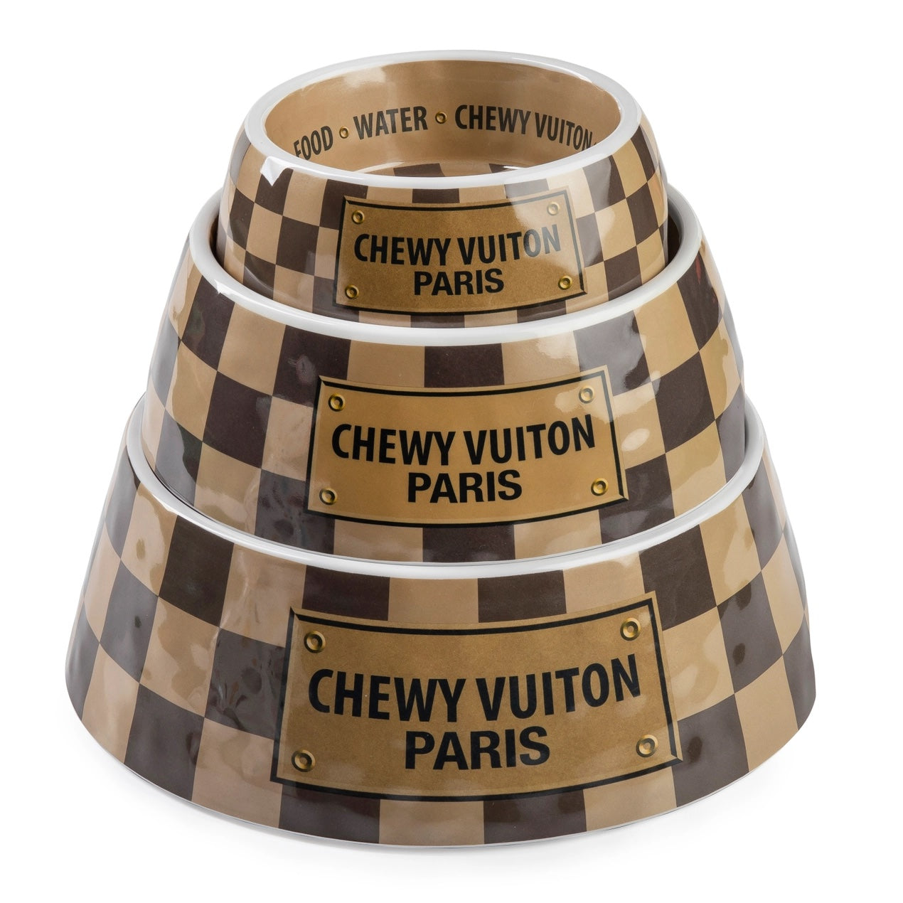 Checker Chewy Vuiton Dog Bowl Three Sizes