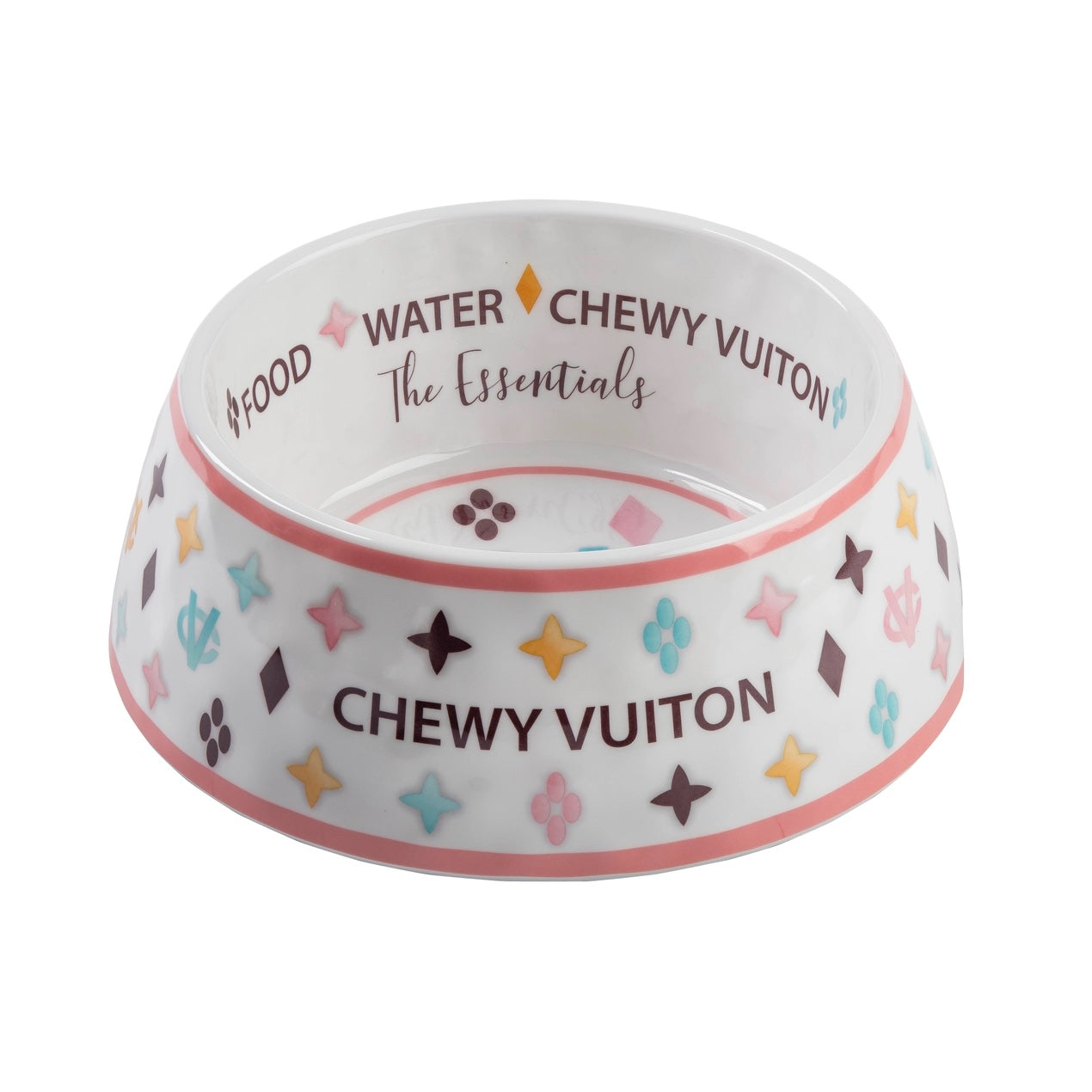 White Chewy Vuiton Dog Bowl