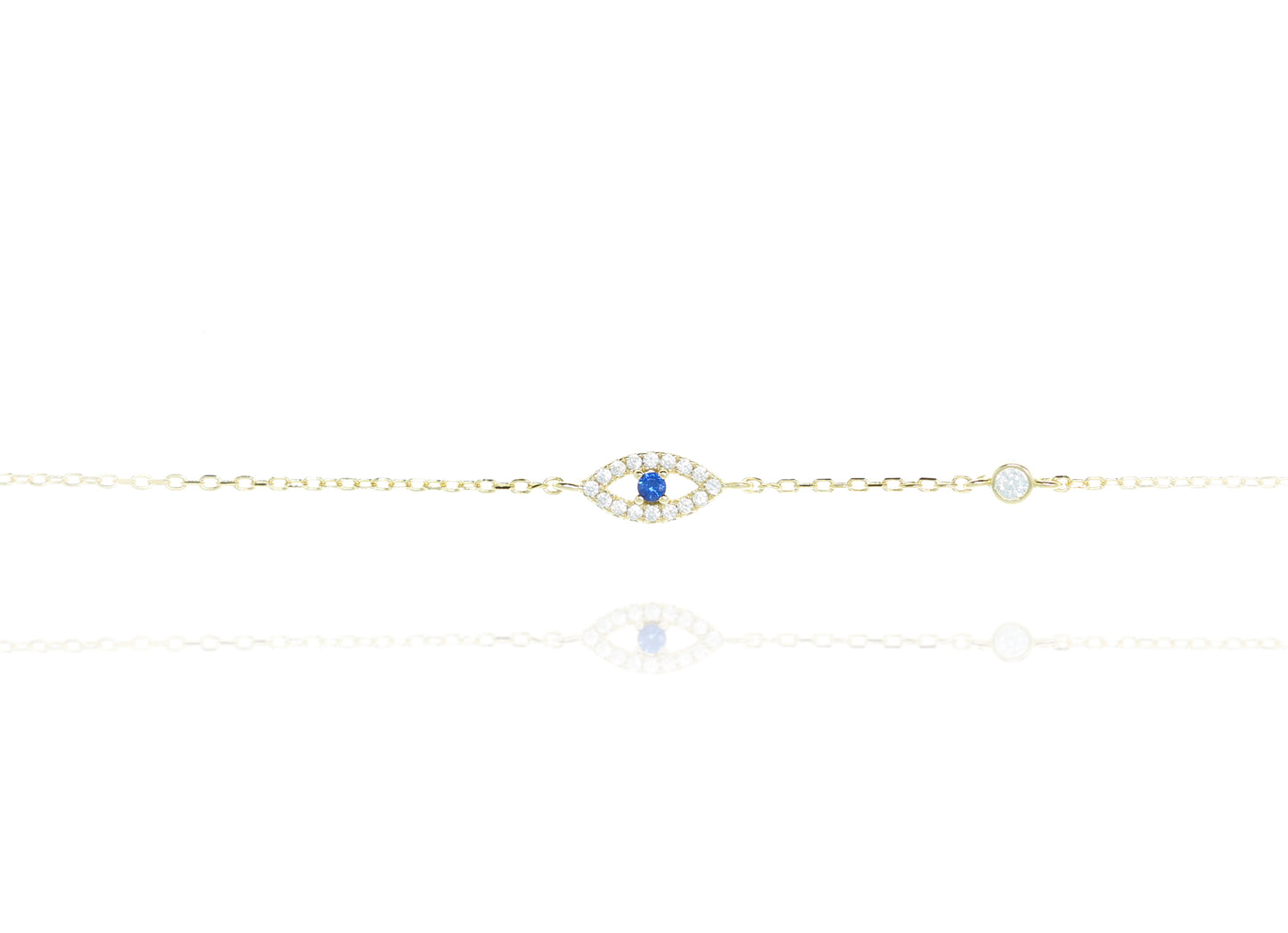 Gold Chain Bracelet With One Evil Eye With Blue Stone and CZ