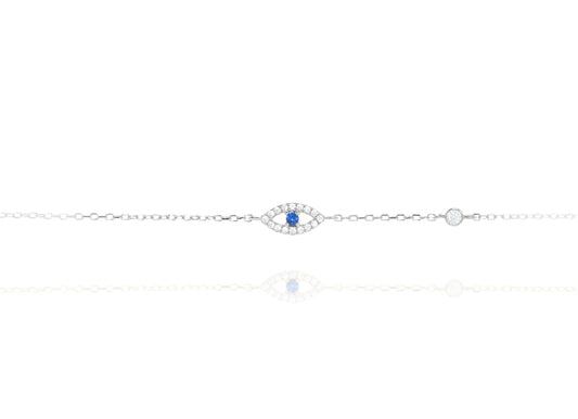 Silver Chain Bracelet With One Evil Eye With Blue Stone and CZ