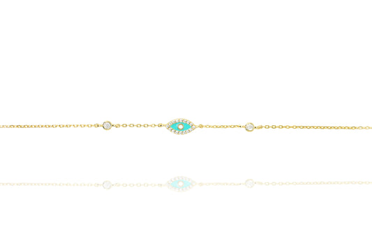 Gold Chain Turquoise Enamel Evil Eye Bracelet With White Centre Rimmed With Cubic Zirconia