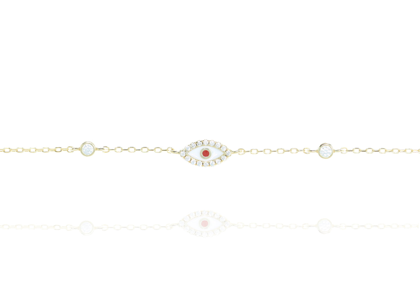 White Enamel Evil Eye Bracelet With Red Stone Rimmed With Cubic Zirconia On Gold Chain