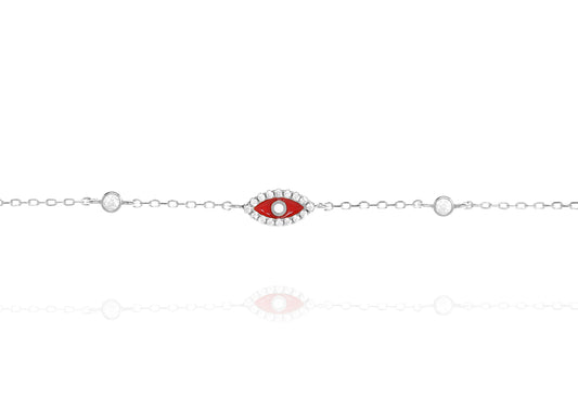 Red Evil Eye Bracelet With White Stone Rimmed With Cubic Zirconi