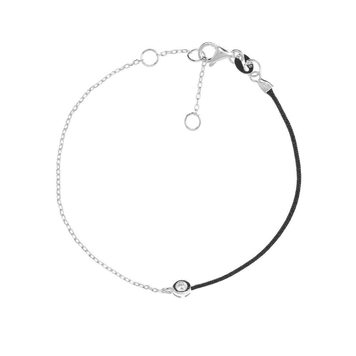 Silver chain and Black String Bracelet With Small Cubic Zirconia Stone