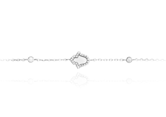 Mother of Pearl Hamsa  Silver Bracelet Rimmed in CZ