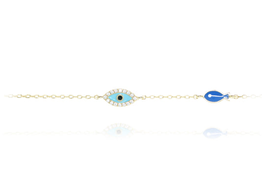 Evil Eye and Lucky Fish Gold Chain Bracelet