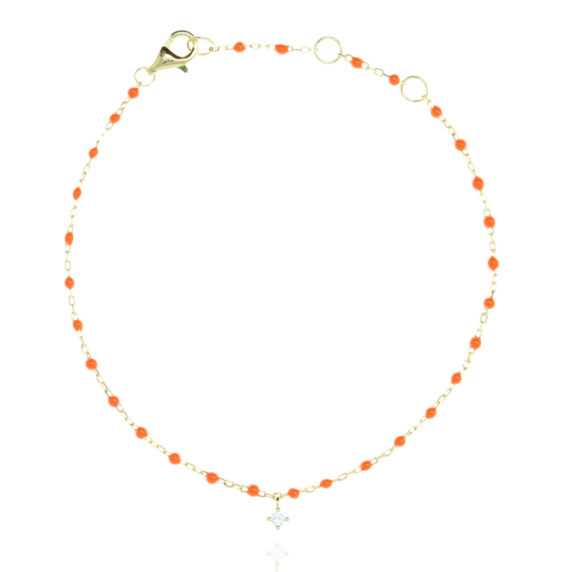 Gold Chain Bracelet and Orange Bead With Hanging CZ 