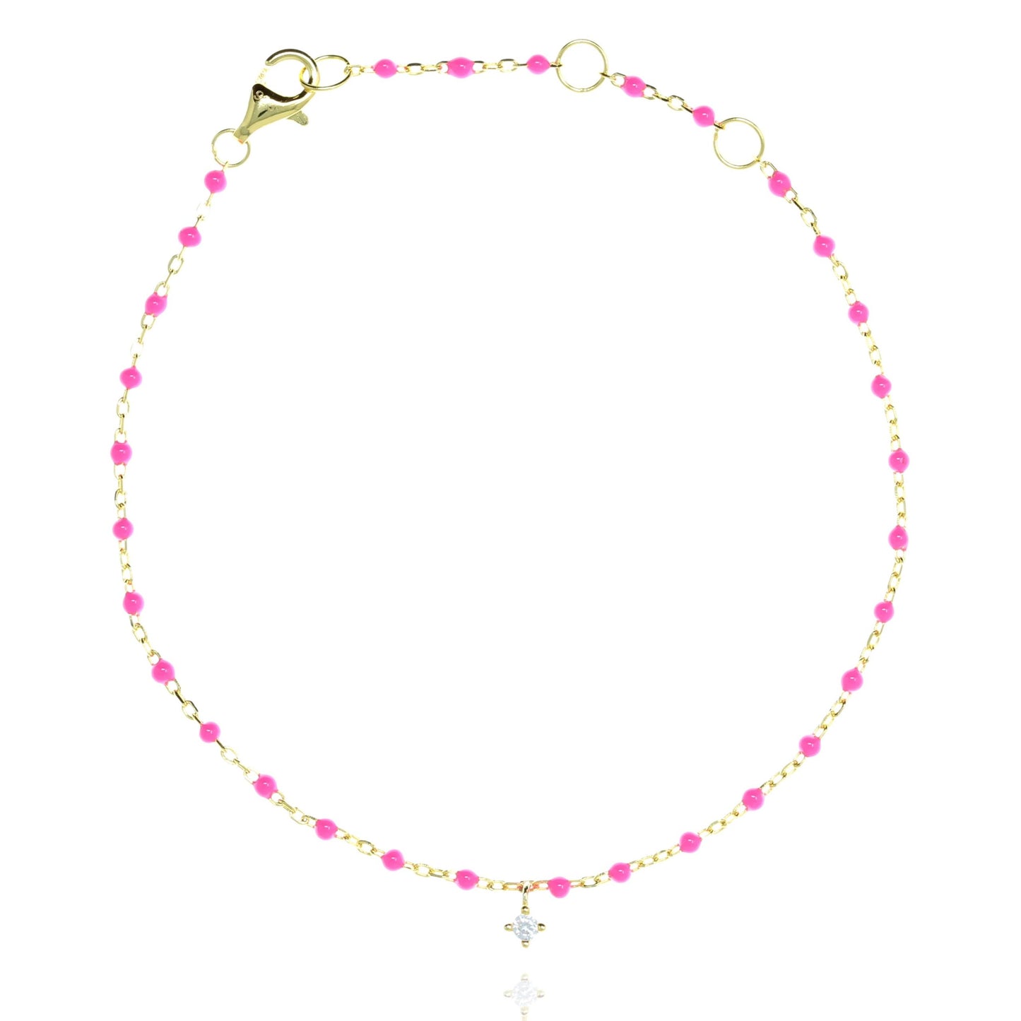 Gold Chain Bracelet and Pink Beads  With Hanging CZ 