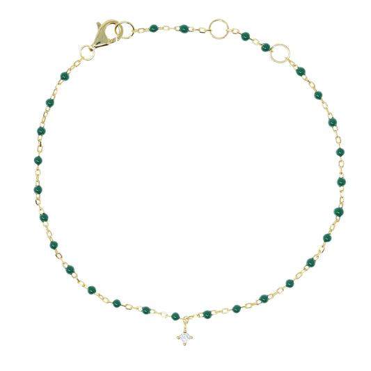 Green Bead and Chain Bracelet With Hanging CZ Available In Gold