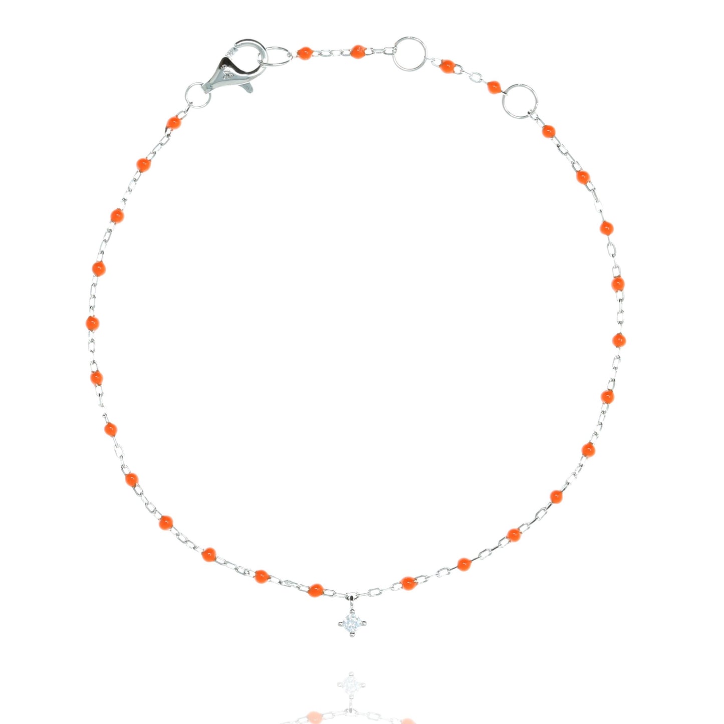 Silver Chain Bracelet and Orange Bead With Hanging CZ 