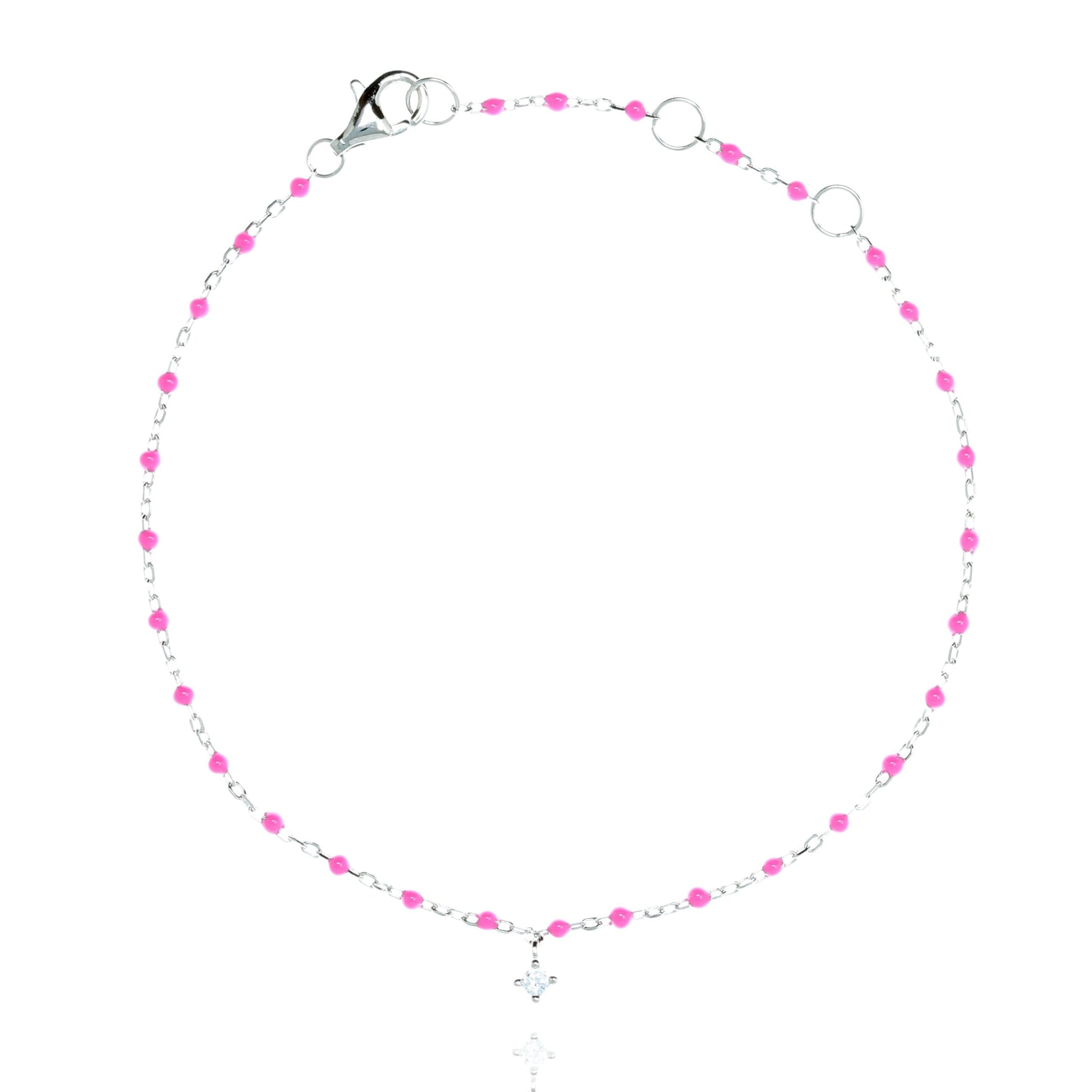 Silver Chain Bracelet and Pink Beads  With Hanging CZ 