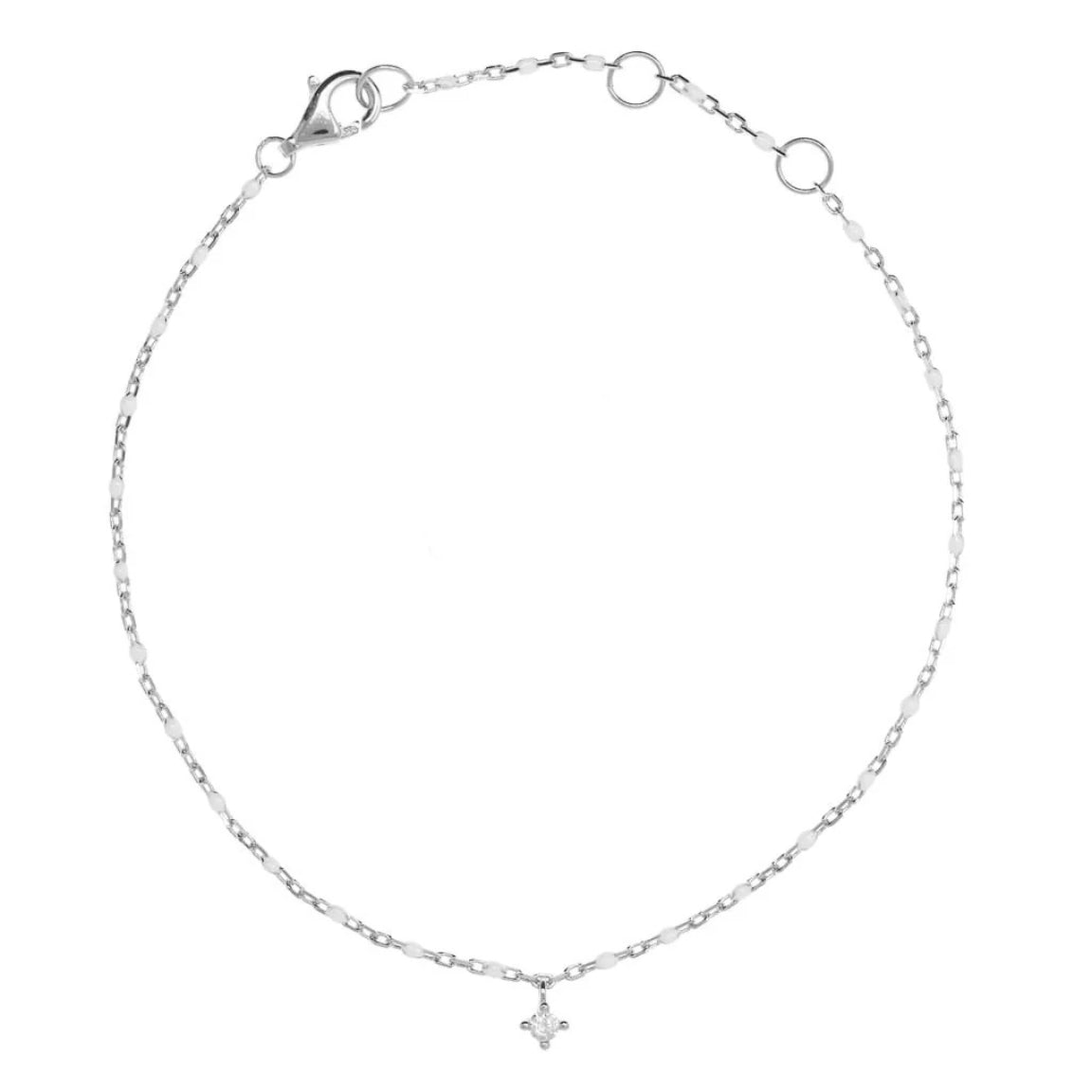 White Bead and Chain Bracelet With Hanging CZ