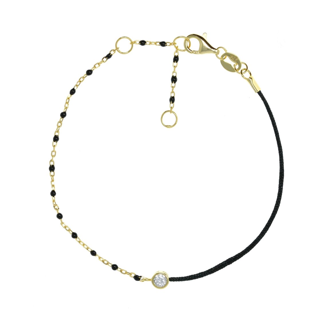 Gold chain and Black String Bracelet With Small Black Beads and CZ 