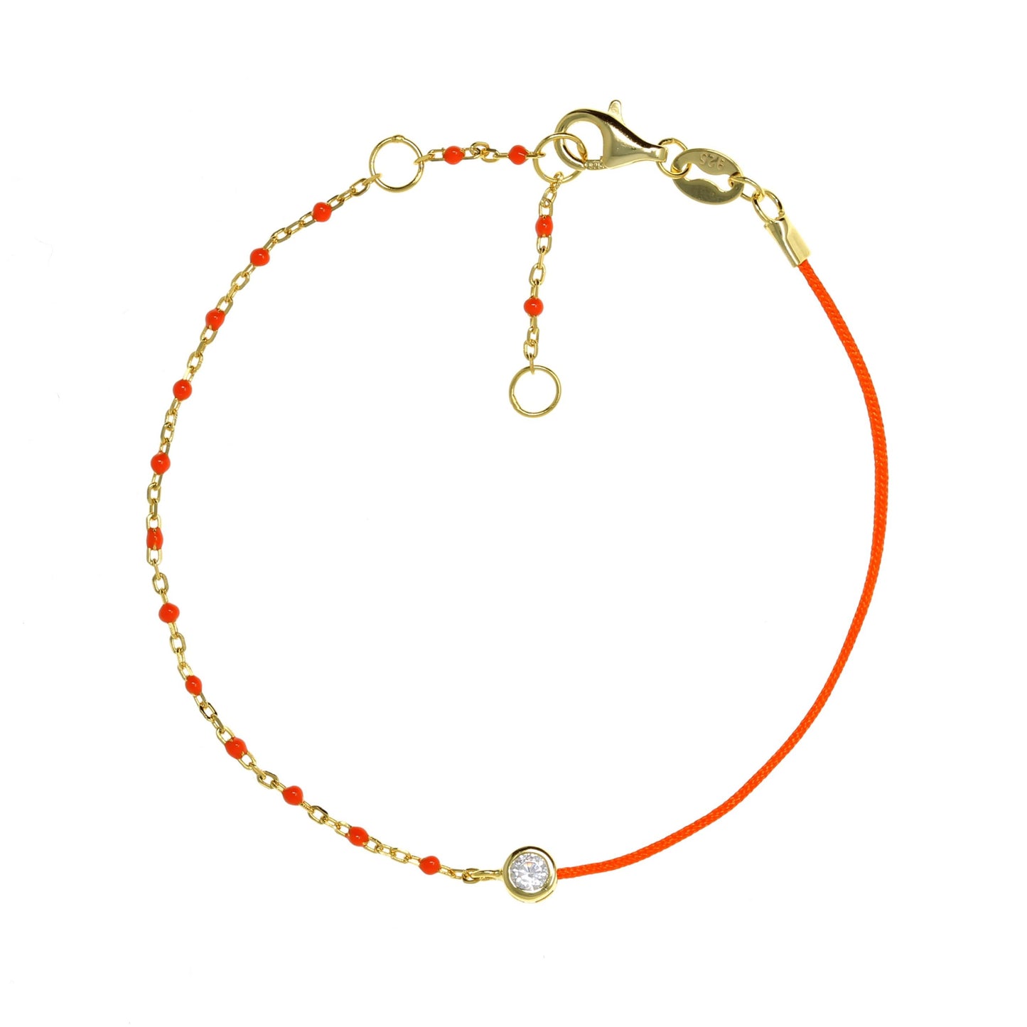 Gold Chain and Orange String Bracelet With Small Orange Beads and CZ Stone