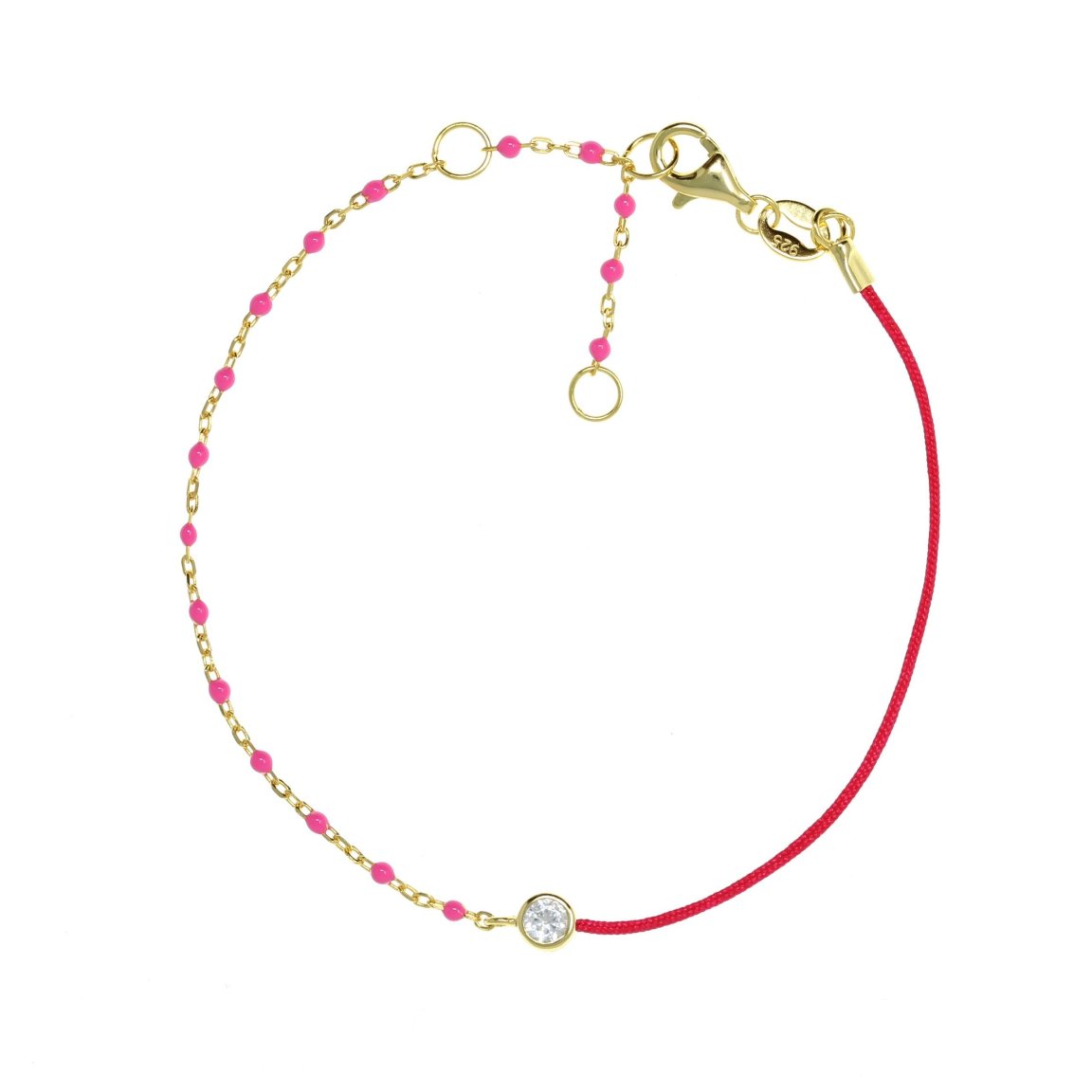 Gold Chain and Pink String Bracelet With Small Pink Beads & CZ Stone