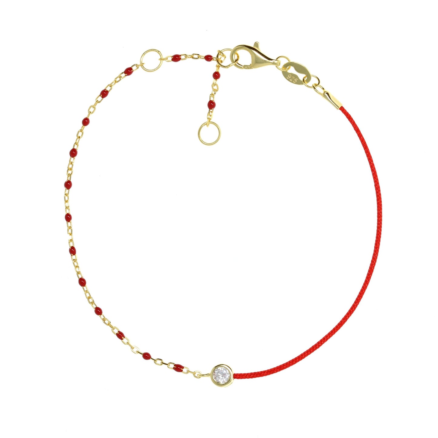 Gold Chain and Red String Bracelet With Small Red Beads and CZ Stone