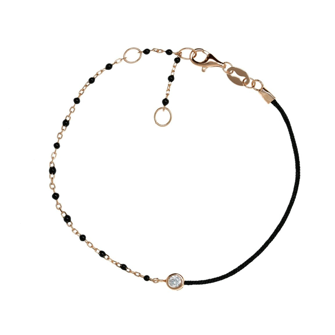 Rose gold chain and Black String Bracelet With Small Black Beads and CZ 