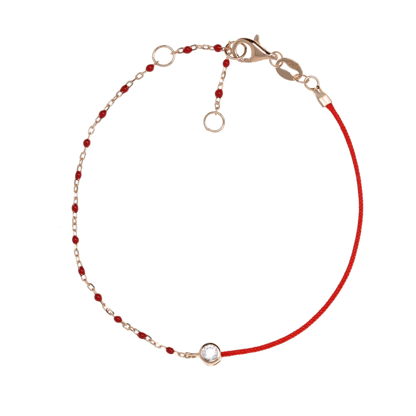 Rose Gold Chain and Red String Bracelet With Small Red Beads and CZ Stone