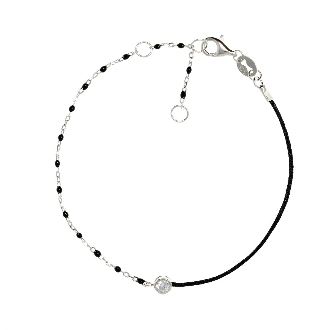 Silver chain and Black String Bracelet With Small Black Beads and CZ 