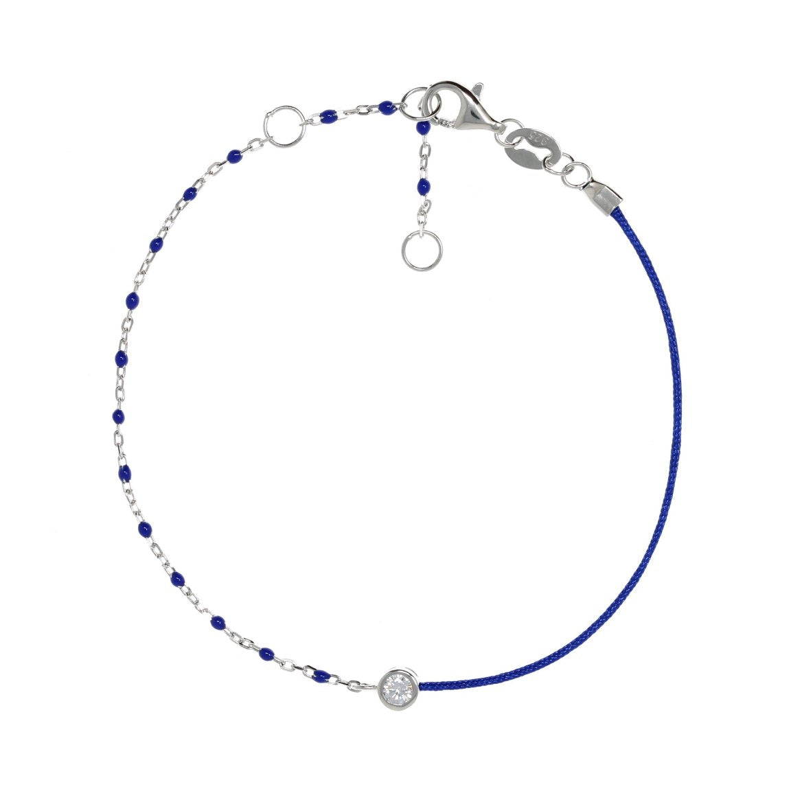 Chain and Blue String Bracelet With Small Blue Beads