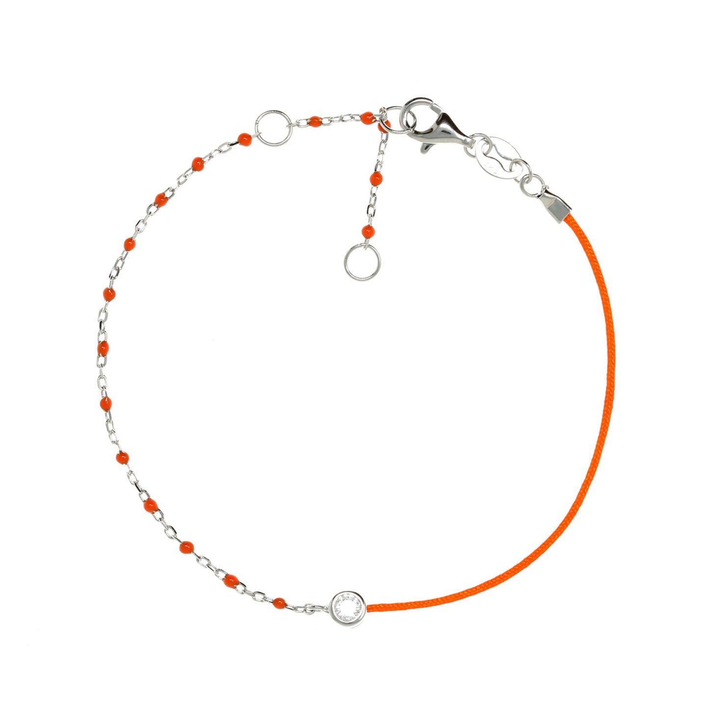 Silver Chain and Orange String Bracelet With Small Orange Beads and CZ Stone