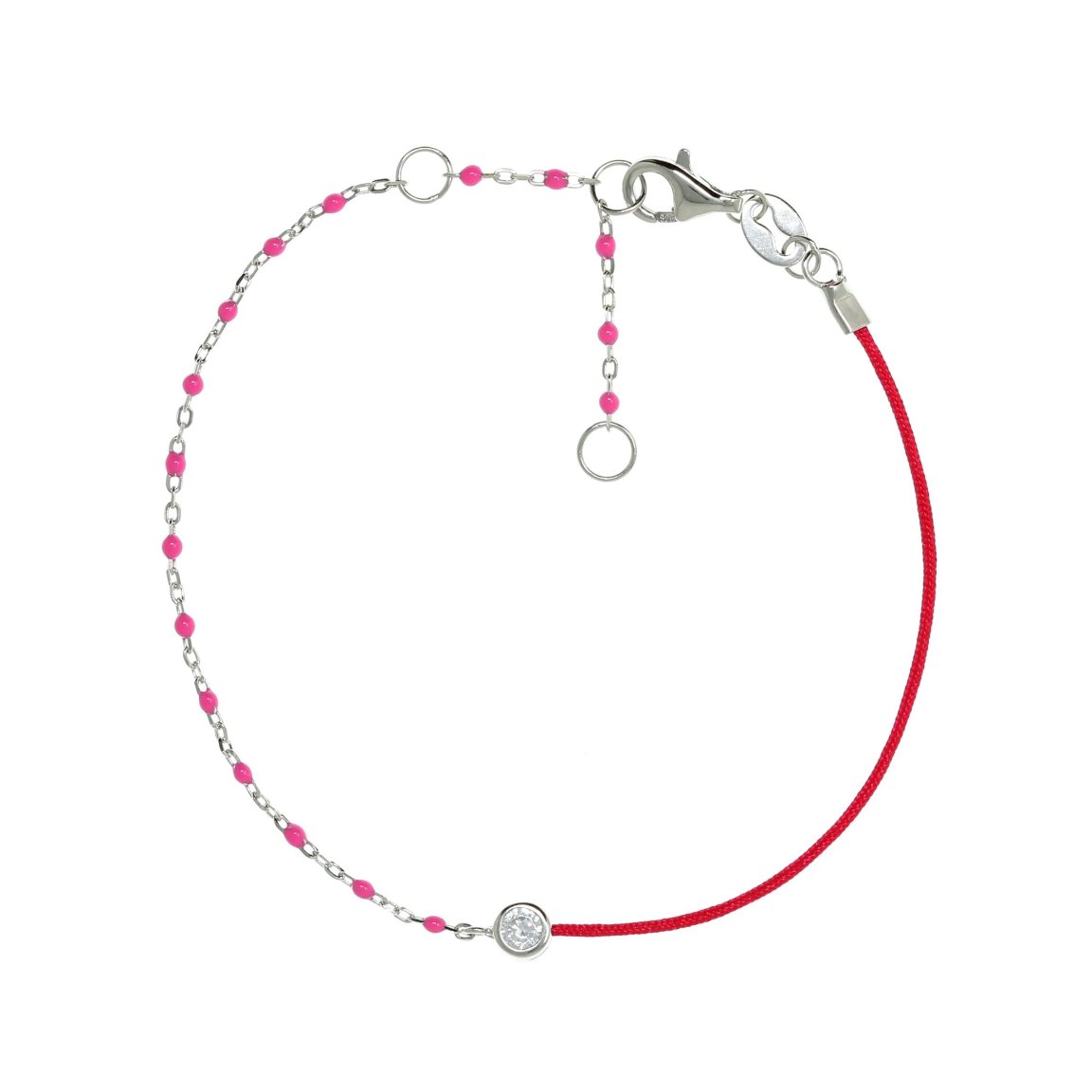 Silver Chain and Pink String Bracelet With Small Pink Beads & CZ Stone