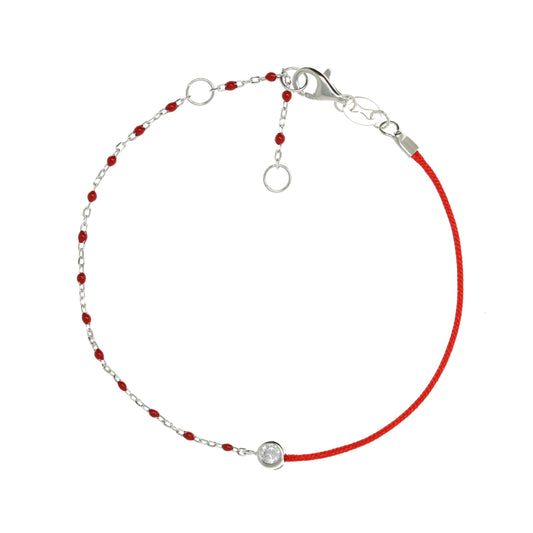 Silver Chain and Red String Bracelet With Small Red Beads and CZ Stone