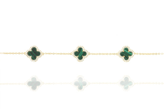 Trio of CZ Rimmed Malachite Clover Bracelet