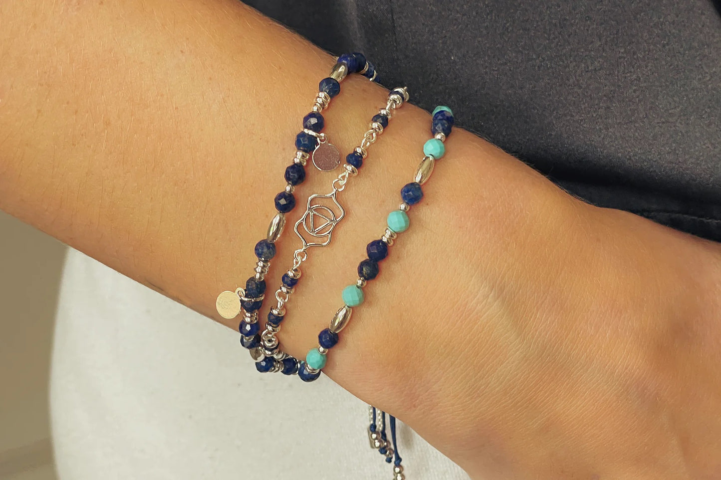 Wisdom Blue Five Charm Stretch Silver Bracelet