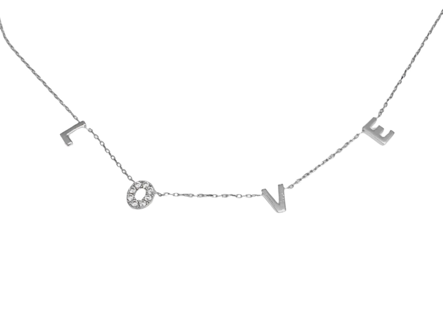 Sterling silver necklace with "Love" hanging in letters with cz