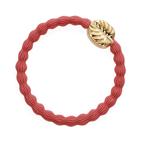 Gold Palm Leaf On Spiced Coral Bubble Elastic Hair Tie