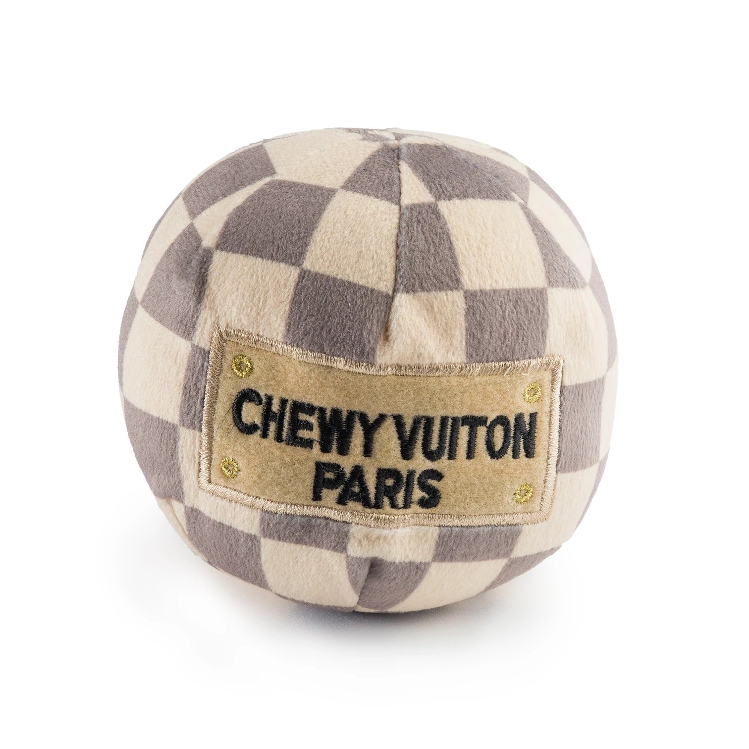 Checker Chewy Vuiton Ball Plush Dog Toy