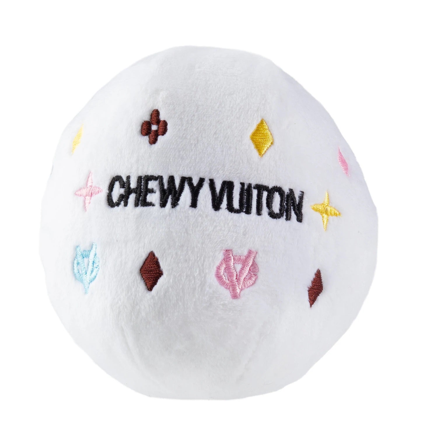 White Chewy Vuiton Ball Plush Dog Toy