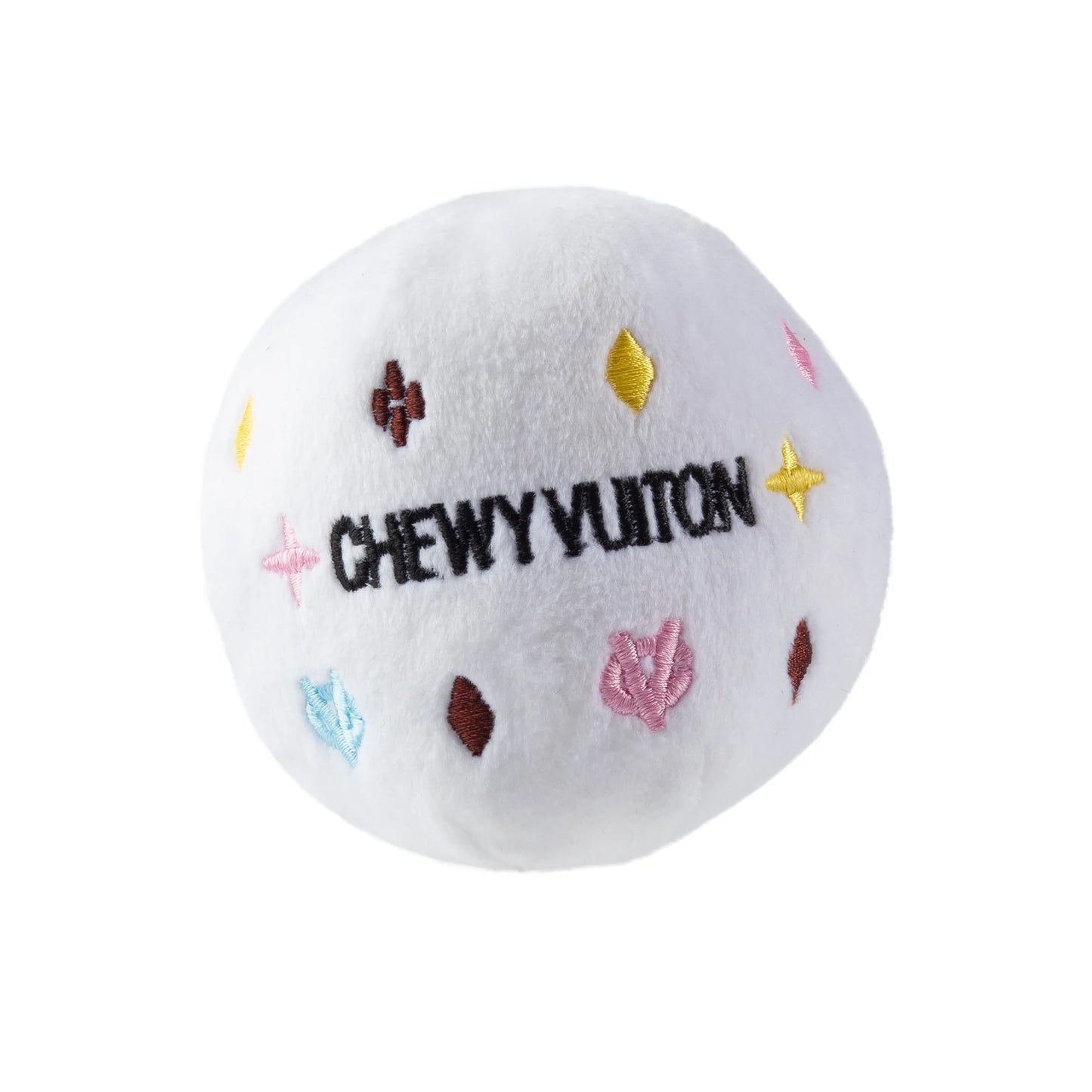 White Chewy Vuiton Ball Plush Dog Toy