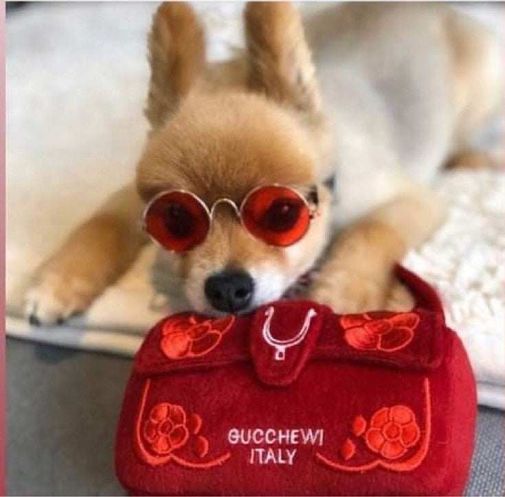 Gucchewi Red Floral Handbag Parody Dog Toy