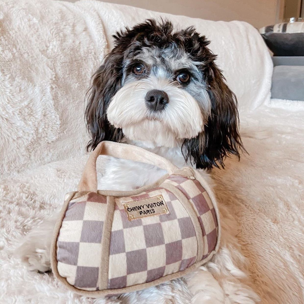 Chewy Vuiton Checker Handbag Parody Plush Dog Toy