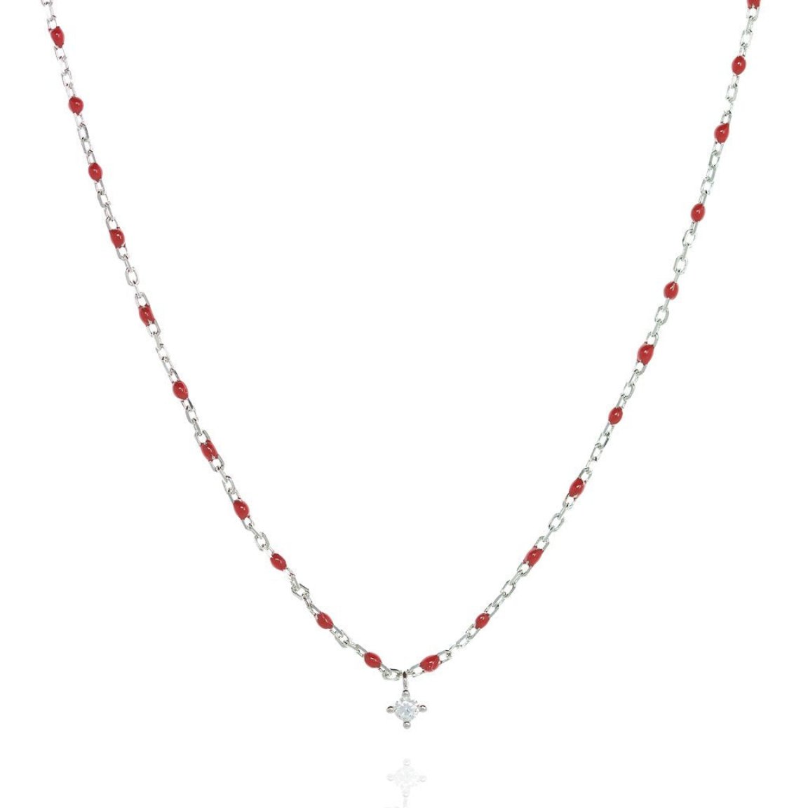 Short Sterling Silver chain and bead necklace. Red bead, small cubic zirconia at a central point on the necklace.