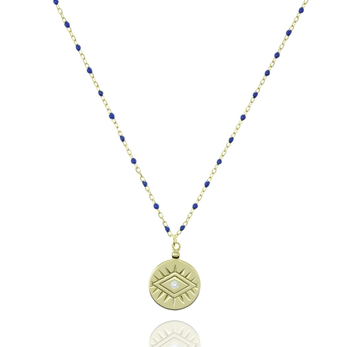 Gold chain and blue bead necklace with coin pendant.