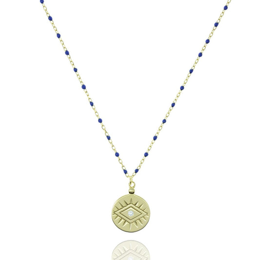 Gold chain and blue bead necklace with coin pendant.