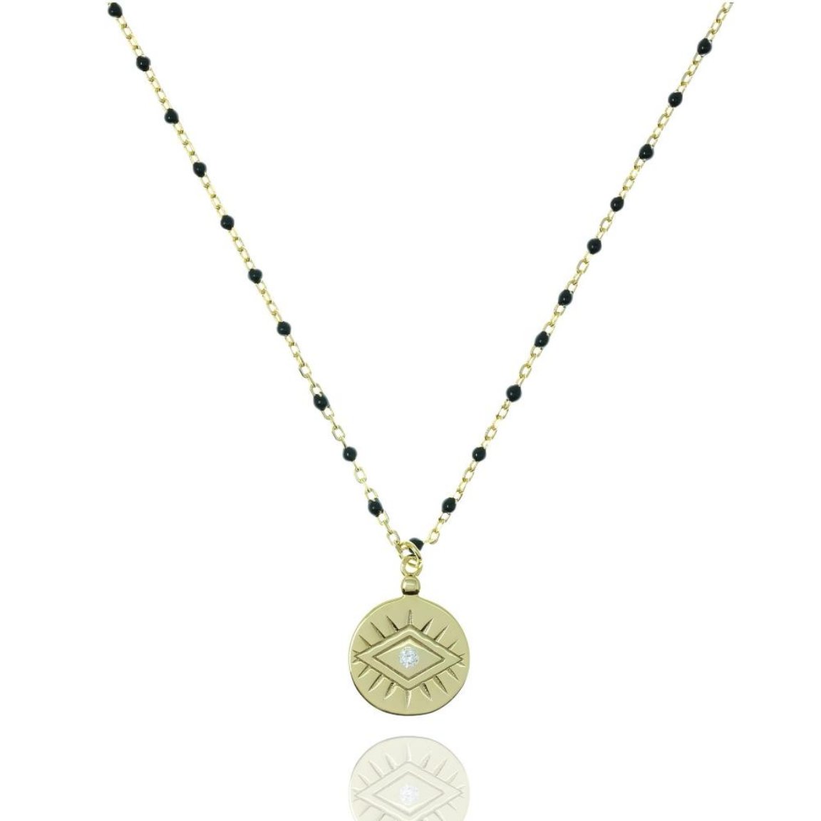 Gold plate on sterling silver chain and black bead necklace with coin pendant.